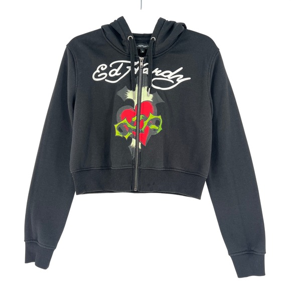 Ed Hardy Tops - Ed Hardy Zip Up Hoodie Women XL Black Cropped Tattoo Heart Eagle Y2K Streetwear